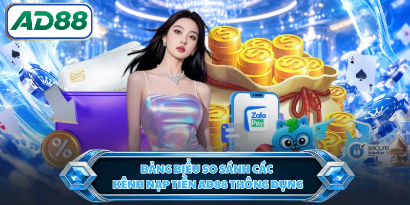 Bảng biểu so sánh các kênh nạp tiền AD88 thông dụng
